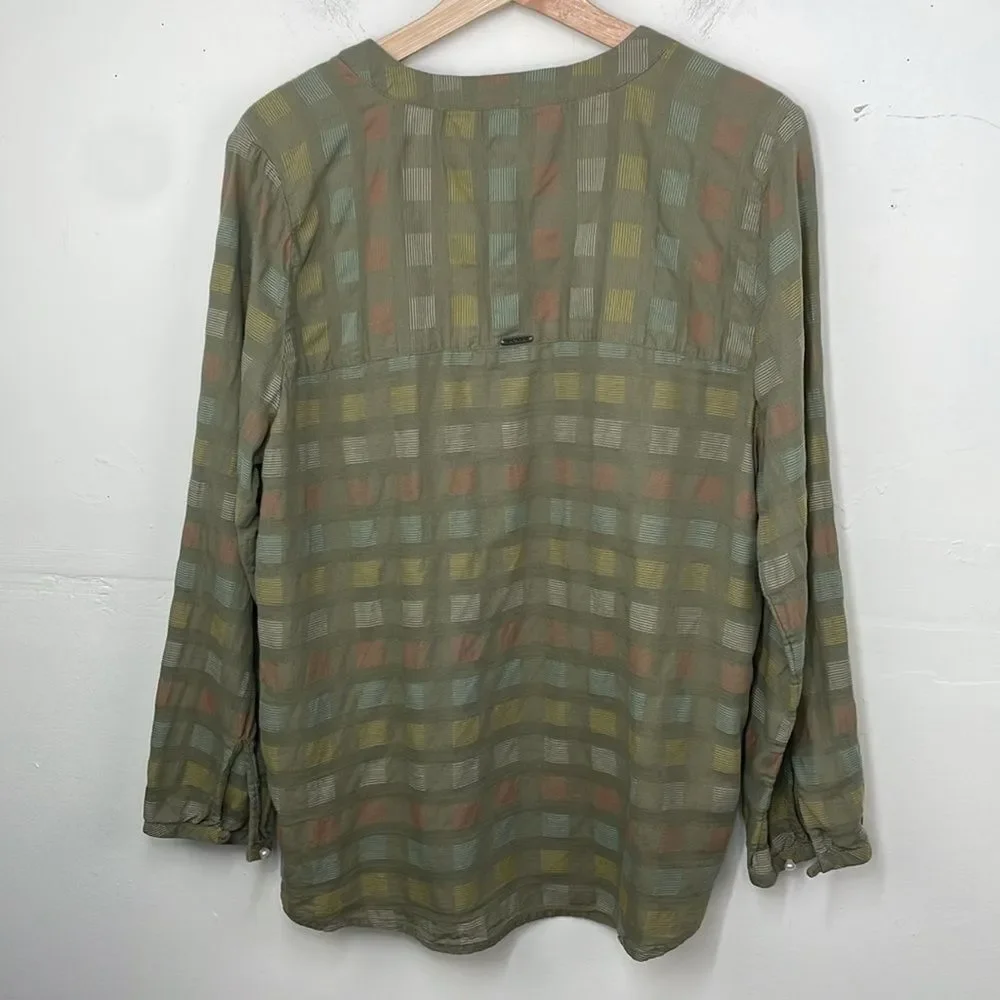 prAna Indra Top Geometric Print Multi Color Green size Large V Neck pullover
